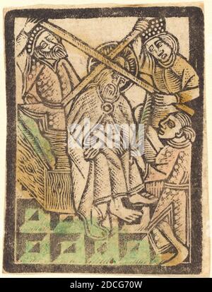 Deutsch 15. Jahrhundert, (Künstler), Meister der Aachener Madonna, (verwandter Künstler), Deutsch, aktiv c.. 1460/1480, Christus mit Dornen gekrönt, vier Szenen aus einer Passion, (Serie), 1470/1480, Metallschnitt, handfarbig in grün, hellrosa und gelb Stockfoto