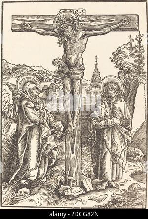 Lucas Cranach der Ältere, (Künstler), Deutsch, 1472 - 1553, Christus am Kreuz zwischen der Jungfrau und St. John, c. 1502, Holzschnitt Stockfoto