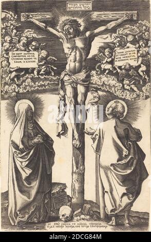 Hans Brosamer, (Künstler), Deutsch, c. 1500 - 1552 oder 1554, Christus am Kreuz mit der Jungfrau und dem heiligen Johannes, 1542, Gravur Stockfoto