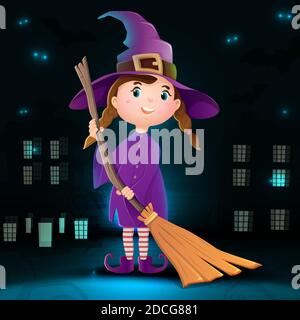 Vector Sammlung von Cartoon Halloween Charakter Hexe mit dunklen Stadt Hintergrund, Fledermäuse und leuchten in der Dunkelheit. Stock Vektor