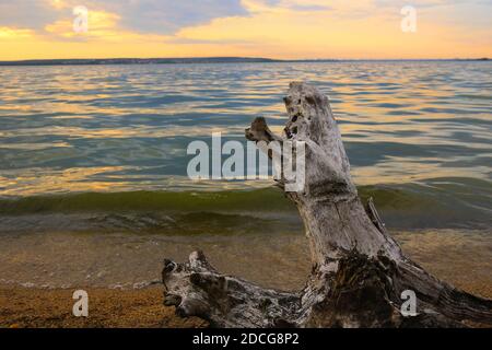 Küstenlinie des Sees mit Haken vor dem Hintergrund des Sonnenuntergangs Stockfoto