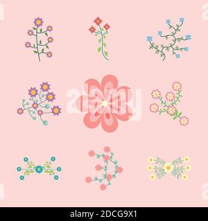 Bündel von neun Blumen Garten flache Elemente Vektor Illustration Design Stock Vektor