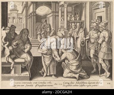 Philip Galle, (Künstler), Flämisch, 1537 - 1612, Jan van der Straet, (Künstler nach), Flämisch, 1523 - 1605, Cornelius verehrt St. Peter, Apostelgeschichte, (Serie), Stich Stockfoto