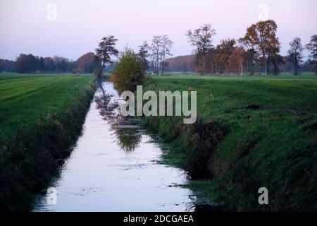 Holländisch-friesische Polderlandschaft mit grünen Weiden, Graben, Kanal. Kalter Herbstabend, Dämmerung. Niederlande, Ureterp Stockfoto