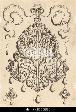 Daniel Mignot, (Künstler), deutsch, aktiv 1593/1596, großer Anhänger mit Strapwork und zwei Aufhängungen als Ohrringe links und rechts, Anhänger mit Strapwork, (Serie), Gravur Stockfoto