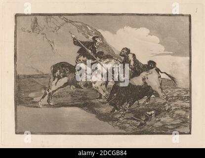 Francisco de Goya, (Künstler), Spanisch, 1746 - 1828, Modo con que los Antiguos Espanoles cazaban los toros a caballo en el campo (die Art und Weise, wie die alten Spanier Bulls auf dem Pferderücken im offenen Land jagten), Tauromaquia: pl.1, (Serie), in oder vor 1816, Radierung, brüniertes Aquatinta und Trockenpunkt Stockfoto