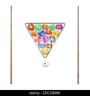 Set von 3D-Snooker-Kugeln glänzend mit Dreieck und Queue, Vektor-Illustration. Stock Vektor