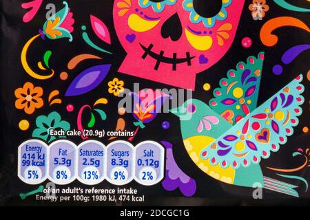 reference intake nutritional information label on pack of McVities Funny Bones chocolate cake bars Stockfoto