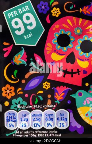 reference intake nutritional information label on pack of McVities Funny Bones chocolate cake bars Stockfoto