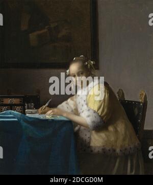 Johannes Vermeer, (Künstler), Niederländisch, 1632 - 1675, A Lady Writing, c. 1665, Öl auf Leinwand, insgesamt: 45 x 39.9 cm (17 11/16 x 15 11/16 Zoll), gerahmt: 68.3 x 62.2 x 7 cm (26 7/8 x 24 1/2 x 2 3/4 Zoll Stockfoto