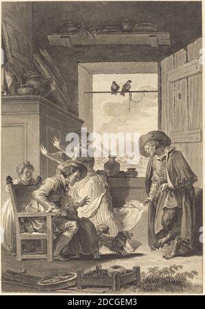 Charles Emmanuel Patas, (Künstler), Französisch, 1744 - 1802, Antoine-Jean Duclos, (Künstler), Französisch, 1742 - 1795, Jean Honoré Fragonard, (Künstler nach), Französisch, 1732 - 1806, Belphegor, Fragonard Platten für 'Contes et nouvelles' von La Fontaine, (Serie), 1794, Radierung und Gravur Stockfoto