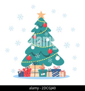 Weihnachtsbaum mit Geschenken, Vektor-Illustration in flachen Cartoon-Stil Stock Vektor