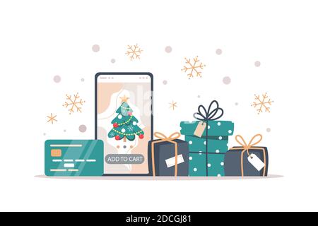Weihnachtsverkauf Banner, Online-Shopping mit einem Smartphone, Vektor-Illustration in flachen Stil Stock Vektor