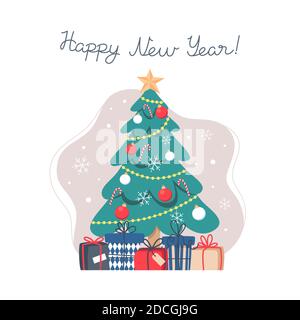 Weihnachtsbaum mit Geschenken, Happy New Year, Vektor-Illustration im flachen Stil, Vorlage für eine Weihnachtskarte Stock Vektor
