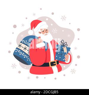 Weihnachtsmann mit Geschenken, Vektor-Illustration im flachen Stil Stock Vektor