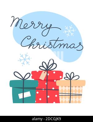 Geschenke und Schneeflocken, Frohe Weihnachten, Vektor-Illustration für Grußkarten-Design Stock Vektor