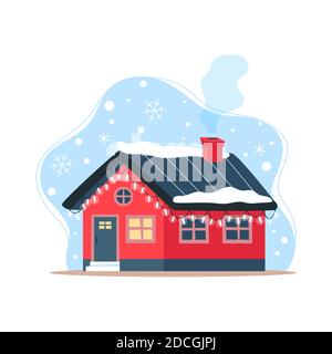 Nettes Winterhaus mit festlichen Girlanden und Licht, Weihnachtsdekor für Hausfassade, Vektor-Illustration in flachem Stil Stock Vektor