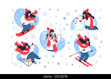 Winter Characters Kollektion, Winteraktivitäten. Vektorgrafik im flachen Stil Stock Vektor