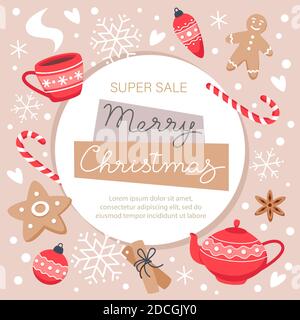 Frohe Weihnachten Sale Banner mit Schneeflocken, Lebkuchen, Süßigkeiten und einem heißen Getränk, Vektor-Illustration in flachem Stil Stock Vektor