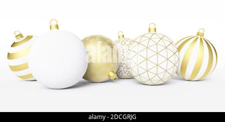 Neujahr. Weihnachtskugeln auf weißem Hintergrund. 3D-Rendering. Weihnachtskarte. Weihnachtskugeln. Weißer Hintergrund. Ball. CWeihnachtskugeln mit Vergoldung Stockfoto