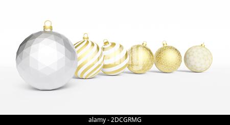 Neujahr. Weihnachtskugeln auf weißem Hintergrund. 3D-Rendering. Weihnachtskarte. Weihnachtskugeln. Weißer Hintergrund. Ball. CWeihnachtskugeln mit Vergoldung Stockfoto