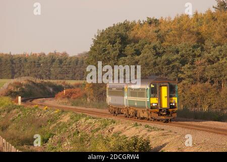 Ein Paar Dieseltriebzüge der Klasse 153 mit den Nummern 153322 und 153314, die einen Anglia-Dienst im Devils-Graben bei Dullingham in Anspruch nehmen. Stockfoto