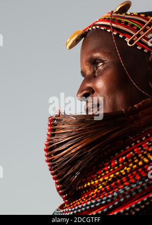 Rendille Tribeswoman trägt traditionellen Kopfschmuck und Mpooro engorio Halskette, Rift Valley Province, Turkana See, Kenia Stockfoto