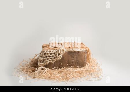 Digitaler Hintergrund einer rustikalen hölzernen Eimer Requisite in dunklem Wald und Blumenfeld. Ideal für die Verwendung mit Neugeborenen und Baby Fotografie! Stockfoto