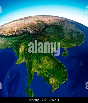 Weltkarte von Asien, Satellitenansicht, geographische Karte, Physik. Kartographie, Reliefatlas. 3d-Rendering. Thailand, Laos, Kambodscha, China Stockfoto