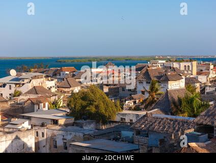 Hochwinkelansicht der Altstadt mit Steinhäusern, Lamu County, Lamu, Kenia Stockfoto