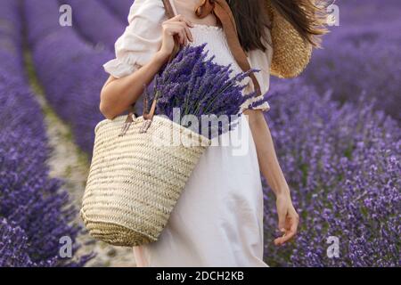 Frau hält Weidenkorb mit Lavendel auf dem Feld Stockfoto