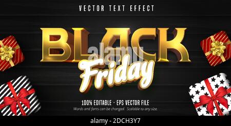 Schwarzer freitagstext, bearbeitbarer Texteffekt. Black friday Verkauf Banner Layout Design Vorlage. Realistische Geschenkschachteln. Stock Vektor