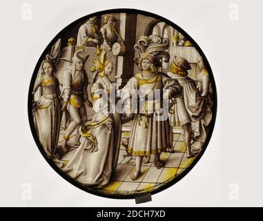 Die weltliche Unterhaltung, Glasscheibe, ca. 1520, Glas, Metall, Durchmesser: 23.5 x 0,5cm 235 x 5mm, Personifikation, Allegorie, Runde Glasscheibe mit Buntglasdarstellung einer Allegorie weltlicher Unterhaltung. In der Mitte links eine Frau in einem langen Gewand und einer speziellen Kopfbedeckung und rechts ein reich gekleideter Mann mit einem Hut voller Federn. Links und rechts ein tanzendes Paar. Charakteristisch sind die Musiker auf dem Balkon, die reichen Kostüme des tanzenden Paares und die Anwesenheit des spöttischen Narren. Hinter den Füßen des Mannes ein kleiner Hund. In Grisaille und silbergelb, in neu Stockfoto