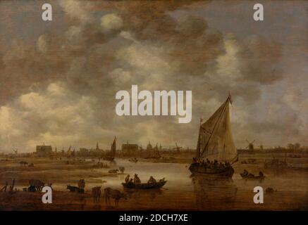 Gemälde, Jan van Goyen, 1650, Signaturfront, auf dem Schwert des großen Segelschiffs: VG 1650, Tafel, Ölfarbe, lackiert, Gesamtmaße nach Katalog 1983: 66.5 × 97,5cm 665 × 975mm, mit Rahmen: 94 × 124 , 5 × 10,5cm 940 × 1245 × 105mm, Kuh, Kirche, Windmühle, Ruderboot, Wasseroberfläche, Segelschiff, Frau, Stadtbild, Mann, Kind, Blei, Malerei zeigt einen Bauernhof in Voorschoten. Der Hof ist auf der rechten Seite dargestellt. Auf der linken Seite hinter dem Bauernhof, in der Mitte der Szene, ein Heu zu sehen ist. Auf dem Hof gibt es mehrere Bäume in der Wiesenlandschaft. Signiert unten rechts. Das Gemälde ist Stockfoto