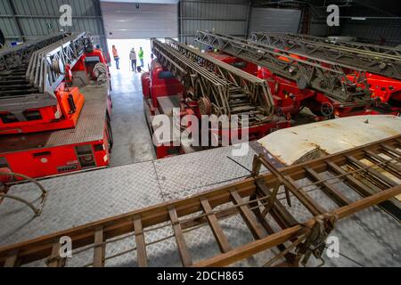 Die Verlegung der Inhalte des Feuerwehrmuseums von Aalst nach Ravels, Samstag, 21. November 2020. Nach dreißig Jahren, das Feuerwehrmuseum Stockfoto