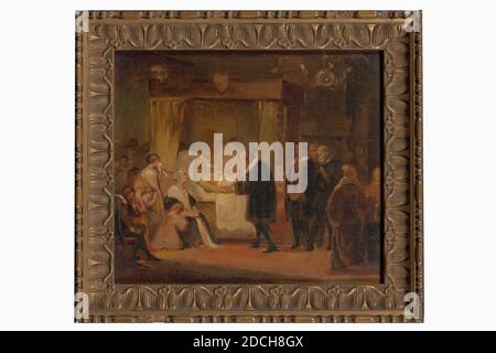 Malerei, Alexander Hugo Bakker Korff, c. 1850, Tafel, Ölfarbe, Papier, bemalt, Träger: 26.1 × 30.2 × 0.3cm 261 × 302 × 3mm, mit Rahmen: 33.7 × 37.2 × 2 , 5cm 337 × 372 × 25mm, Frau, Mann, Innenraum, Kind, Gemälde, das Totenbett von Friedrich Henry, umgeben von Familie und Freunden. Links ist ein Bett, in dem die Hälfte unter einer Decke liegt, Frederik Hendrik. Neben ihm am Bett ist ein Mann, der die rechte Hand des Sterbenden mit der linken Hand hält. Im Raum links sind eine Reihe von Personen abgebildet, darunter eine stehende Frau mit einem Taschentuch in der linken Hand, ein sitzender Mann und Stockfoto