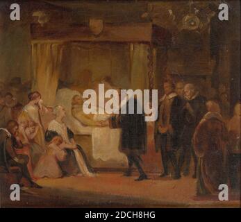 Malerei, Alexander Hugo Bakker Korff, c. 1850, Tafel, Ölfarbe, Papier, bemalt, Träger: 26.1 × 30.2 × 0.3cm 261 × 302 × 3mm, mit Rahmen: 33.7 × 37.2 × 2 , 5cm 337 × 372 × 25mm, Frau, Mann, Innenraum, Kind, Gemälde, das Totenbett von Friedrich Henry, umgeben von Familie und Freunden. Links ist ein Bett, in dem die Hälfte unter einer Decke liegt, Frederik Hendrik. Neben ihm am Bett ist ein Mann, der die rechte Hand des Sterbenden mit der linken Hand hält. Im Raum links sind eine Reihe von Personen abgebildet, darunter eine stehende Frau mit einem Taschentuch in der linken Hand, ein sitzender Mann und Stockfoto