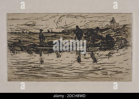 Radierung, Floris Verster, 1889, Tinte, Papier, bedruckt, Bildgröße: 10 x 18,2 cm, 100 x 182 mm, Träger: 25 x 32,3 cm, 250 x 323mm, Tagesgröße: 11.3 x 19,4 cm, 113 x 194 mm, mit Passe-Partout: 33 x 55,5 cm 330 x 555 mm, Landschaft, Mann, Radierung auf Papier, das eine Torffelandschaft darstellt. In der Torflandschaft sind mindestens vier Männer zu erkennen, die alle Torf schneiden. Nicht signiert. Radierung ist ein zeitgenössischer Druck aus der Zeit des Künstlers selbst, 1939 Stockfoto