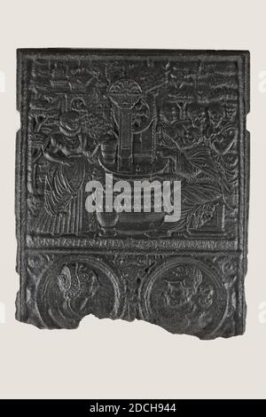 Herdplatte, Anonym, 16. Jahrhundert, gegossen, Allgemein: 62.5 x 53 x 2cm 625 x 530 x 20mm, biblische Darstellung, Engel, Frau, Mann, Eisenherdplatte mit der biblischen Darstellung der Samaritanerin an der Quelle Joh. 4 im Vergleich zu 1-42. Links vom Brunnen ist die Samaritanerin, gegenüber Christus, der rechts vom Brunnen ist. Seine Jünger sitzen hinter Christus. Ein Wasserkrug steht vor der Quelle. Unterhalb der Vorstellung befinden sich zwei Medaillons mit einer männlichen Büste und einer weiblichen Büste, getrennt durch eine Engelsfigur. Die untere Zeile enthält die Inschrift von dem Fr [aulei] n von Samaria Iohan 4 Stockfoto