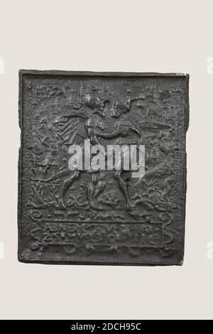 Herdplatte, Anonym, 16. Oder Anfang 17. Jahrhundert, gegossen, Allgemein: 47 x 41 x 1,5 cm 470 x 410 x 15 mm, biblische Darstellung, Kampf, Mann, Eisenherdplatte mit der biblischen Darstellung von Joab und Abner 2 Sam. 3. Dargestellt zwei Männer in einer Landschaft. Der linke Joab sticht dem rechten Abner ein Schwert in seinen Bauch. Unterhalb der Vorstellung ist die Inschrift Abner und Joab 2 Sam III. Die Herdplatte ist rechteckig, 1883 Stockfoto