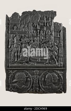 Herdplatte, Anonymous, 16. Jahrhundert, gegossen, Allgemein: 67 x 41 x 1.5cm 670 x 410 x 15mm, biblische Darstellung, Engel, Frau, Mann, Eisenherdplatte mit der biblischen Darstellung von Salomos Urteil 1 Kon. 3 im Vergleich zu 16-28. Salomo ist auf der rechten Seite dargestellt, sitzend auf einem Thron. Vor ihm auf der linken Seite ist eine knieende Frau. Mehrere andere Figuren sind mit ihnen zu sehen. Darunter befinden sich zwei Medaillons mit einer männlichen Büste und einer weiblichen Büste, getrennt durch eine Engelsfigur. Die Herdplatte ist rechteckig, 1912 Stockfoto