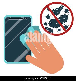 Hand, Smartphone, Verbotsschild mit Virus, Bakterien. Halten Sie Ihr Gadget-Bildschirm sauber mit nassem Tuch, behandeln mit antibakteriellen feuchten Tuch, hygienische Regeln Konzept. Flache, isolierte Vektorgrafik. Stock Vektor