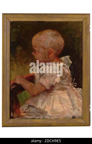 Gemälde, Menso Kamerlingh Onnes, 1889, Signatur vorne, unten links: M. Kamerlingh Onnes 1889, Leinwand, Ölfarbe, bemalt, Träger: 67.5 × 52 × 2cm 675 × 520 × 20mm, mit Rahmen: 76.3 × 59.1 × 5,5cm 763 × 591 × 55mm, Kinderportrait, Porträt eines unbekannten Kindes. Das Kind wird als Halbfigur dargestellt, ganz nach links gewandt und nach links schauend. Das Kind hat seine Hände auf ein Geländer gelegt und ist in ein weißes Kleid gekleidet. Das Kind wird vor einem grünen Hintergrund dargestellt. Signiert unten links. Das Gemälde ist in einem goldfarbenen bemalten Holzrahmen, 1946 Stockfoto