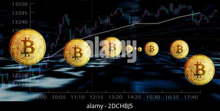 Binär Code Hintergrund mit Bitcoins Stockfoto
