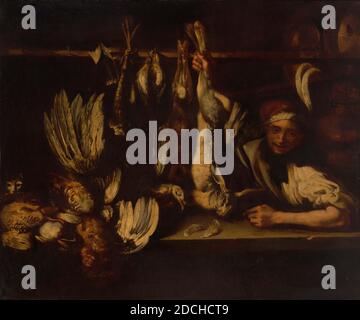 Schornstein Stück, Anonym, c. 1660, Leinwand, Ölfarbe, bemalt, Träger: 112.5 × 91.4 × 2.5cm (1125 × 914 × 25mm), mit Rahmen: 129.8 × 109.5 - 12cm (1298 - 1095 - 120mm), Genrestück, Vogel, Schornstein, der einen Schornstein darstellt. Vor einer Wand mit Blick auf ein Stück Himmel auf der linken Seite und eine Weinrebe auf der rechten Seite, steht ein älterer Mann links, halb hinter einem Tisch, sichtbar zu den Knien und drei Viertel nach rechts gedreht. Er trägt einen großen Hut, einen breiten grauen Bart und einen Schnurrbart. Er ist in einer braunen Jacke über einem roten Schlauch gekleidet. Er hält seine rechte Hand auf dem Tisch und Stockfoto