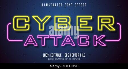 Cyber-Angriff Text, Neon Lichter Signage Stil editierbare Schrift Effekt Stock Vektor