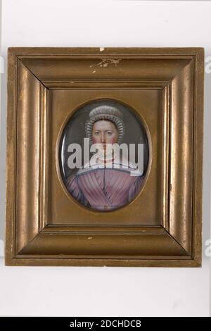 Miniatur (Malerei), Anonymous, 30. April 1829, Gouache, Holz, Glas, Papier, Farbe, bemalt, Allgemein (Maße laut Katalog 1983): 9.4 x 8cm (94 x 80mm), mit Rahmen: 17.2 x 15 , 5 x 3cm (172 x 155 x 30mm), Innenmaße: 8.8 x 7,2 cm (88 x 72 mm), Frauenporträt, Porträt von Jannetje de Graaf. Dargestellt ist eine halbe Figur, gerade nach vorne. Die Frau trägt eine Paspelkappe, die sich um Kinn und Hals schließt. Sie trägt ein enges Fliederkleid mit Puffärmeln und einem flachen Weiß mit blauem Kragen. Goldene Ohrringe und Halskette. Nicht signiert. Ovale Miniatur in einem goldfarbenen Holzrahmen Stockfoto