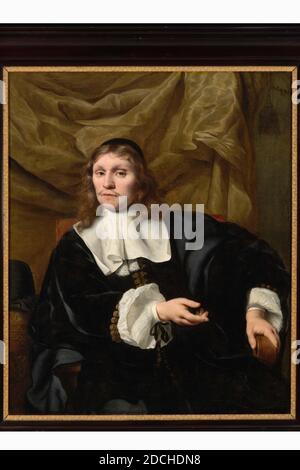 Gemälde, Ferdinand Bol, 1664, Leinwand, Ölfarbe, bemalt, Träger: 110 × 91.4 × 3cm (1100 × 914 × 30mm), mit Rahmen: 135.5 × 117.3 × 9cm (1355 - 1173 - 90mm), Männerportrait, Innenansicht, Männerportrait: herr. Pieter Burgersdijk. Er wird bis zu den Knien dargestellt, gerade von vorne, leicht nach links mit dem Kopf und dem Betrachter zuschauend. Er sitzt vor einem schweren olivgrünen Vorhang in einem roten, mit Stoff bedeckten Sessel. Er lehnt sich mit der linken Hand auf das Geländer und zeigt mit der rechten Hand nach rechts. Er hat langes lockiges Haar mit einer Schädelkappe und ist mit einer schwarzen Robe bekleidet Stockfoto