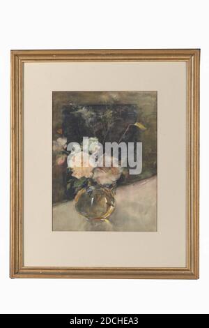 Aquarell, Menso Kamerlingh Onnes, 1895 ?, Signature Front, rechts, Mitte: M. Kamerlingh Onnes, Aquarell, Papier, bemalt, Allgemein (Maße nach Katalog 1983): 62.8 x 42,8cm (628 x 428mm), mit Rahmen: 92 × 75.5 × 3.5cm (920 × 755 × 35mm), Stillleben, Blume, Aquarell, das ein Stillleben mit einer runden Glasvase mit roten und weißen Blumen darstellt. Die Vase ist auf einem hellen Hintergrund platziert, der sich rückwärts gegen den Hintergrund abfällt. Der Hintergrund ist dunkel. Rechts am Rand des Hintergrundes signiert. Aquarell ist in einem vergoldeten Holzrahmen und ist hinter Glas, 1956 Stockfoto