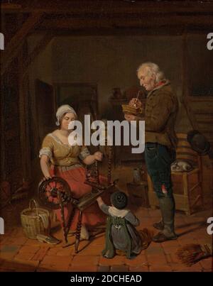 Malerei, 19. Jahrhundert, Leinwand, Ölfarbe, bemalt, Träger: 43.7 × 37 × 2cm (437 × 370 × 20mm), mit Rahmen: 62 × 52.5 × 5cm (620 × 525 × - 50mm), Katze, Frau, Rauchen, Spinnen, Genre, Mann, Spinnrad, Innenraum, Kind, Malerei, die eine Frau hinter einem Spinnrad darstellt. In einem einfachen Raum mit rotem Steinboden sitzt eine Frau links hinter einem Spinnrad. Rechts ist ein älterer Mann, der seine Pfeife in einem Kohlnest hält. Zwischen ihnen sitzt ein Kind mit dem Rücken zum Betrachter, seine linke Hand reicht zum Spinnrad hinaus. Das Kind trägt einen Fallhut und eine Leine. Links von Stockfoto